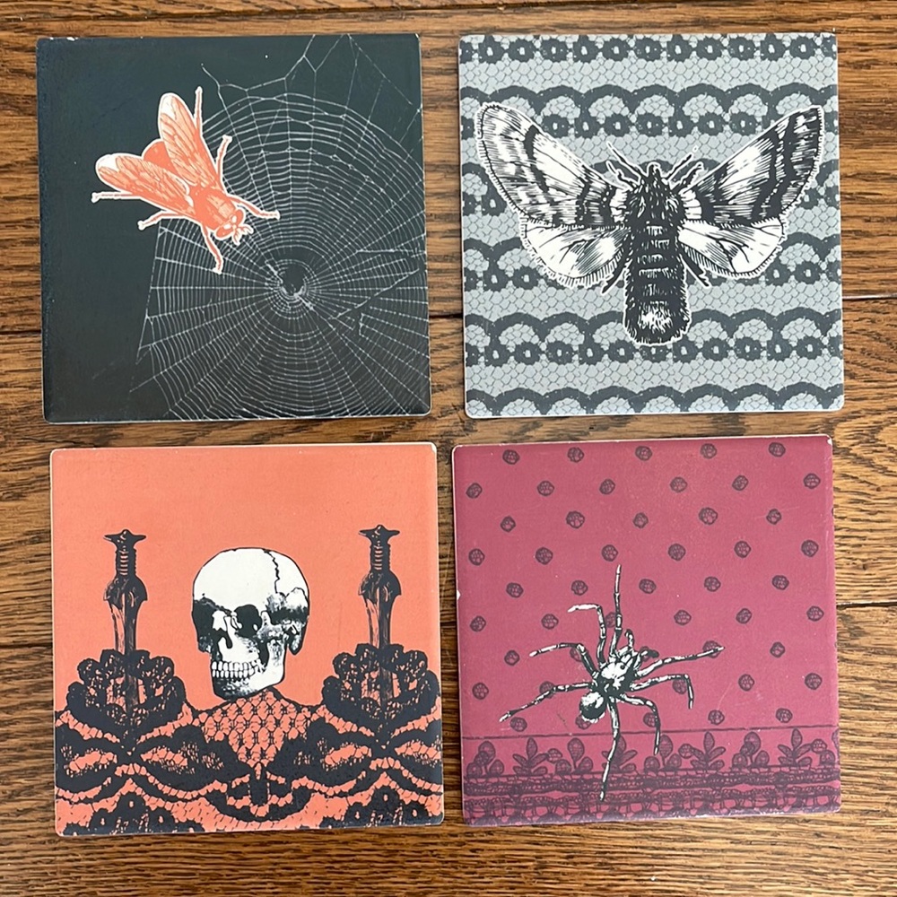 NWOB Set of 4 BASIS Ceramic Spooky Goth Decor Tiles Drink Coasters Cork Backing